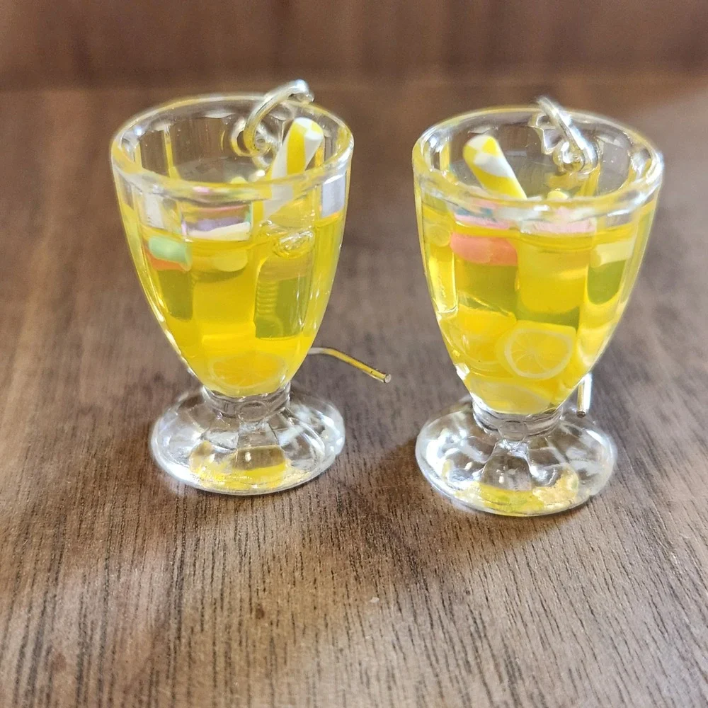 Handmade Yellow Lemonade Glass Drink Earrings Miniature Food Dangle Drops Summer